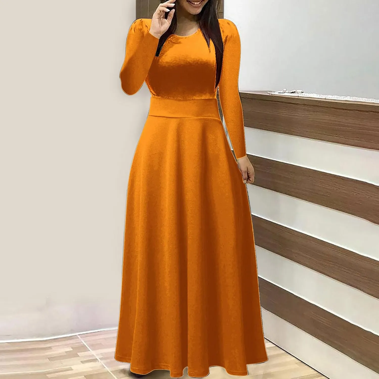 Prom Dresses for Women Plain Long Sleeve Ruffle Swing Dress Causal Elegant Elastic Waist Crewneck Fall Winter Dresses