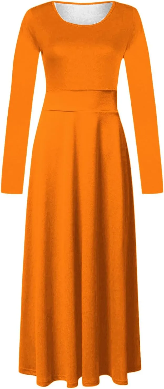 Prom Dresses for Women Plain Long Sleeve Ruffle Swing Dress Causal Elegant Elastic Waist Crewneck Fall Winter Dresses