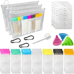 Protein Powder Travel Container Set, Reusable Powder Supplement Container To Go 21Pcs Reusable Protein Powder Bags and 3pc Large Standable Zip Bags for Workout, Fitness, Travel
