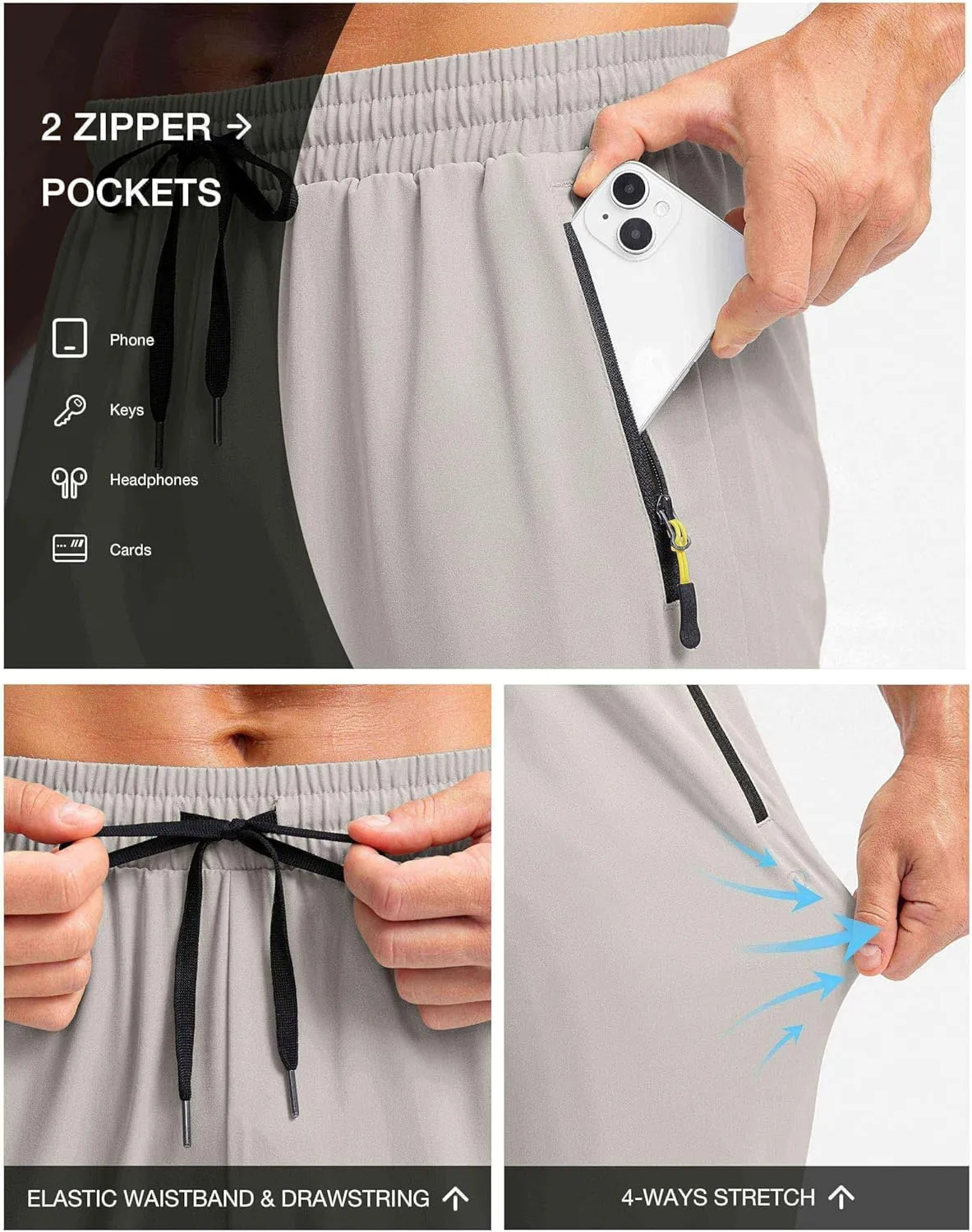 Pudolla Men's Lightweight Hiking Pants Quick-Dry Outdoor Sweatpants with Zipper Pockets for Casual Travel Athletic Workout