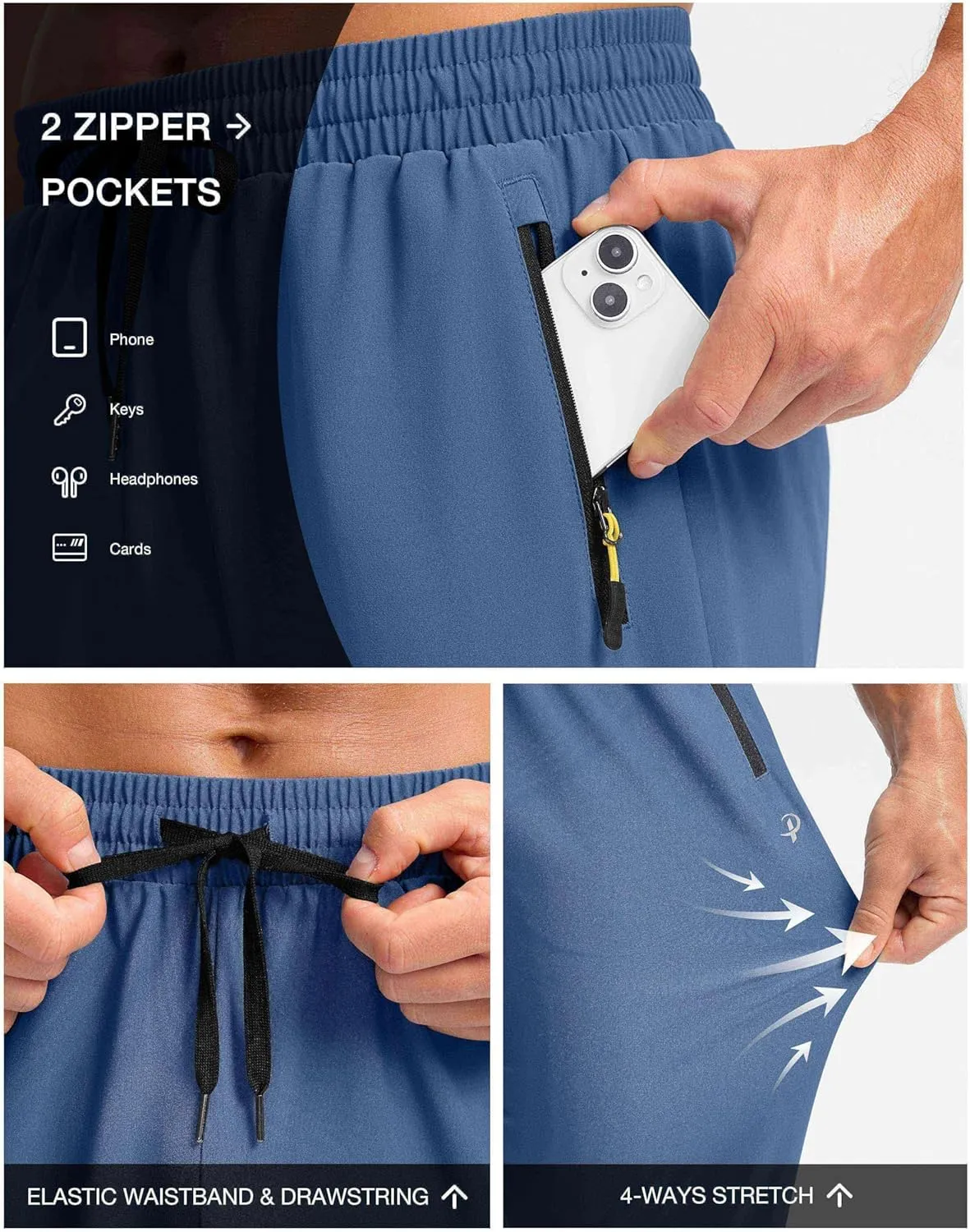 Pudolla Men's Lightweight Hiking Pants Quick-Dry Outdoor Sweatpants with Zipper Pockets for Casual Travel Athletic Workout