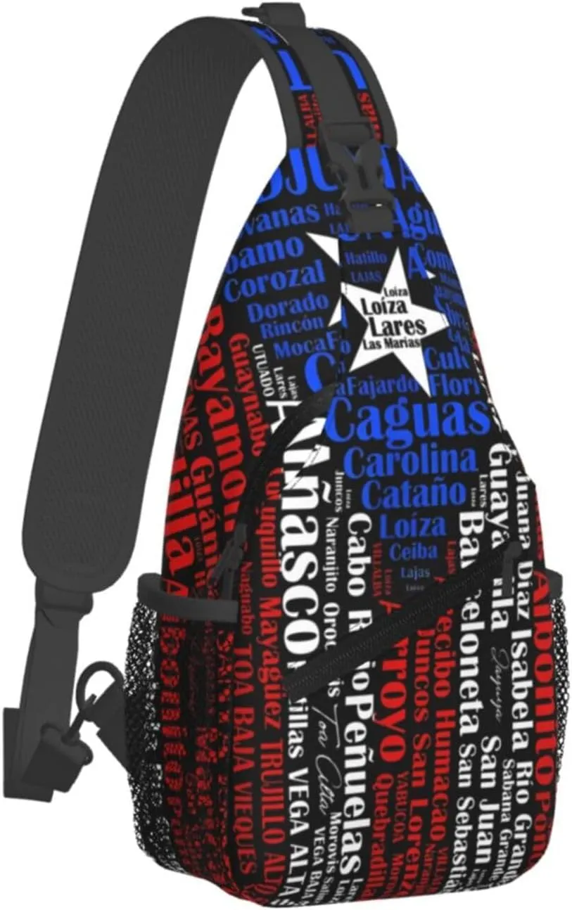 Puerto Rican Flag Towns Cities Of Puerto Rico Cross Chest Bag Crossbody Bags Sling Backpack Gym Shoulder Bags Sports Fanny Pack Adjustable Travel Daypack Diagonally Casual Rucksack