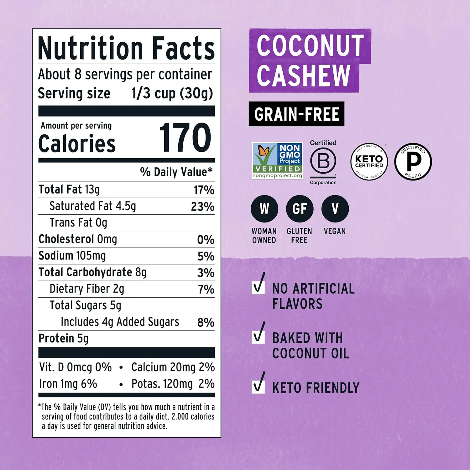 Purely Elizabeth Coconut Cashew Keto Granola, Made with Nuts and Seeds, Grain-Free, Gluten-Free, Non-GMO (3 Ct, 8oz Bags)
