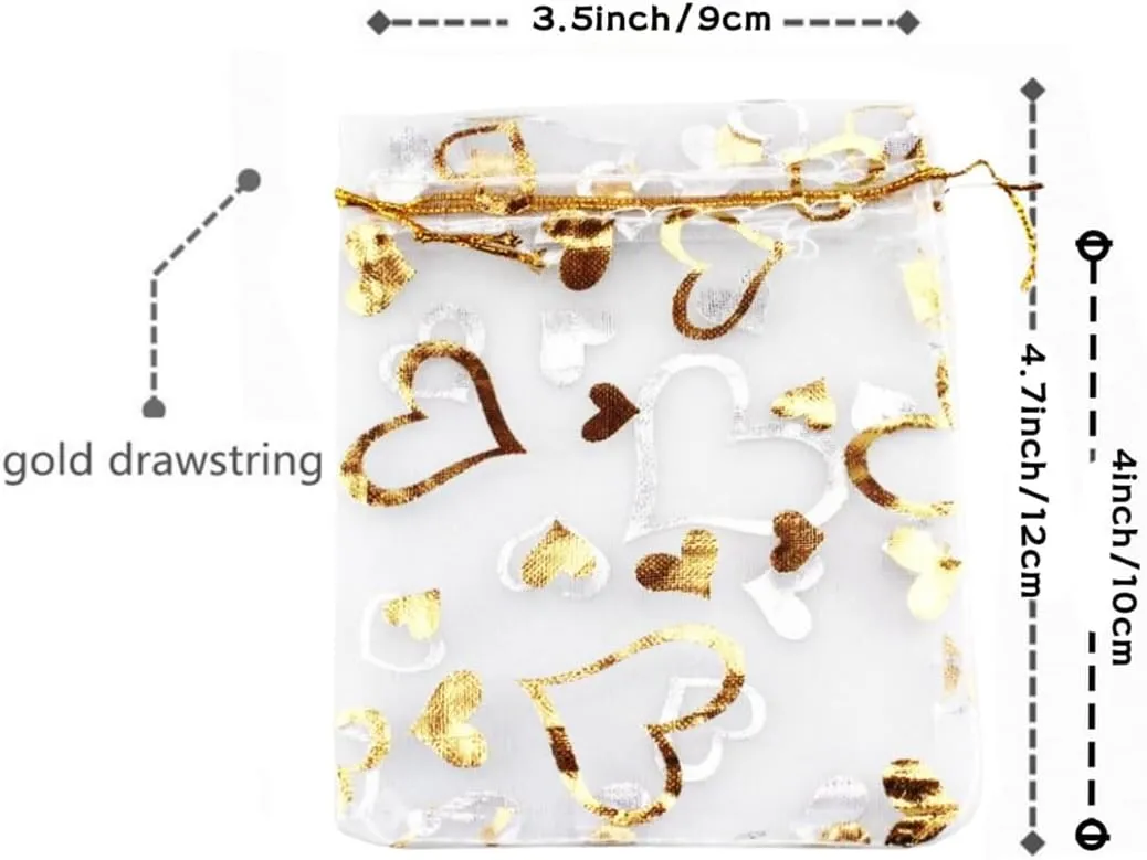 QIANHAILIZZ 100 pcs 3.5 x 4.7 Inch Flower Heart Organza Jewelry Gift Pouch Candy Pouch Drawstring Wedding Favor Bags X92 (A white with gold heart)