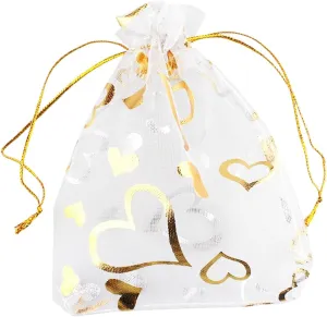 QIANHAILIZZ 100 pcs 3.5 x 4.7 Inch Flower Heart Organza Jewelry Gift Pouch Candy Pouch Drawstring Wedding Favor Bags X92 (A white with gold heart)