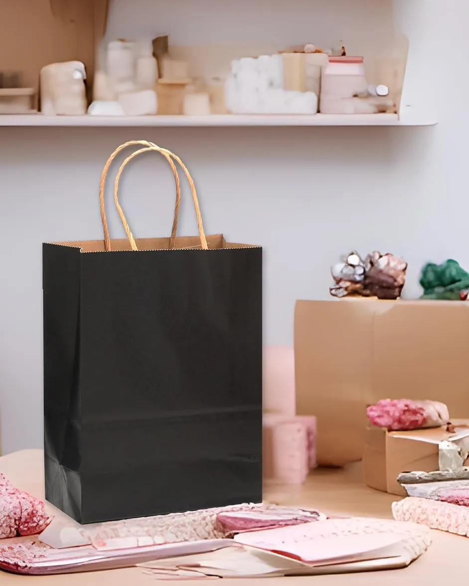 qiqee 32-Packs Black Paper Gift Bags with Handles Bulk 8.26"×6"×3.15" Small Size Gift Bags Multiple Uses