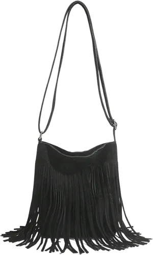 QWINEE Women's Fringe Hobo Bags Tassel Vintage Suede Crossbody Bag Shoulder Bags