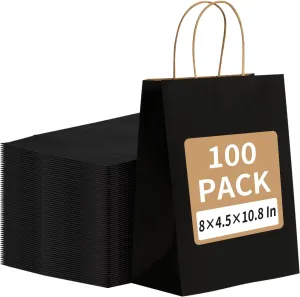 RACETOP 100 Pack Black Kraft Paper Bags 8x4.5x10.8 Inches Gift Bags with Handles Bulk, Paper Shopping Bags for Party, Wedding, Retail, Christmas, Birthday, Business, Restaurant, Takeout