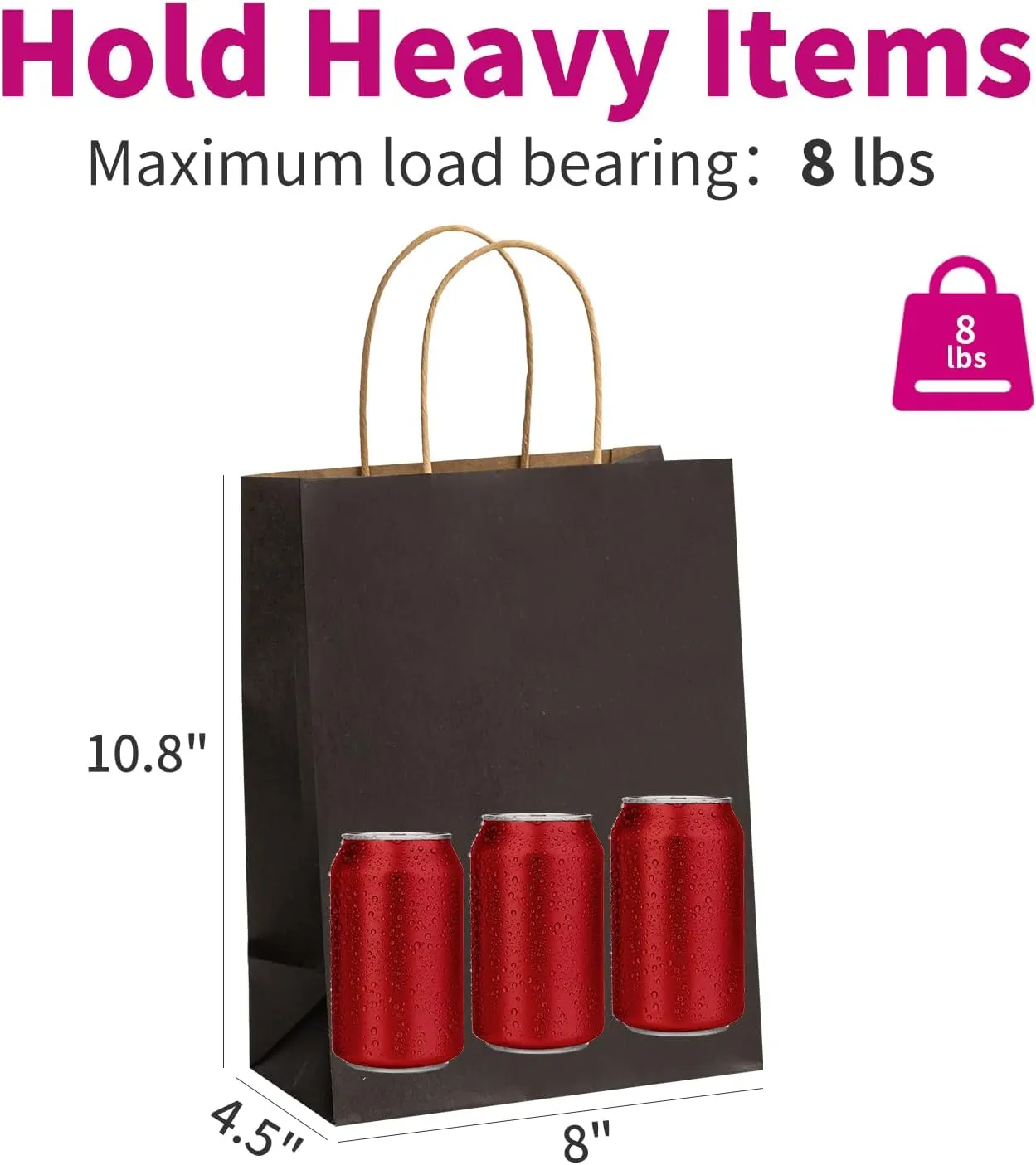RACETOP 100 Pack Black Kraft Paper Bags 8x4.5x10.8 Inches Gift Bags with Handles Bulk, Paper Shopping Bags for Party, Wedding, Retail, Christmas, Birthday, Business, Restaurant, Takeout