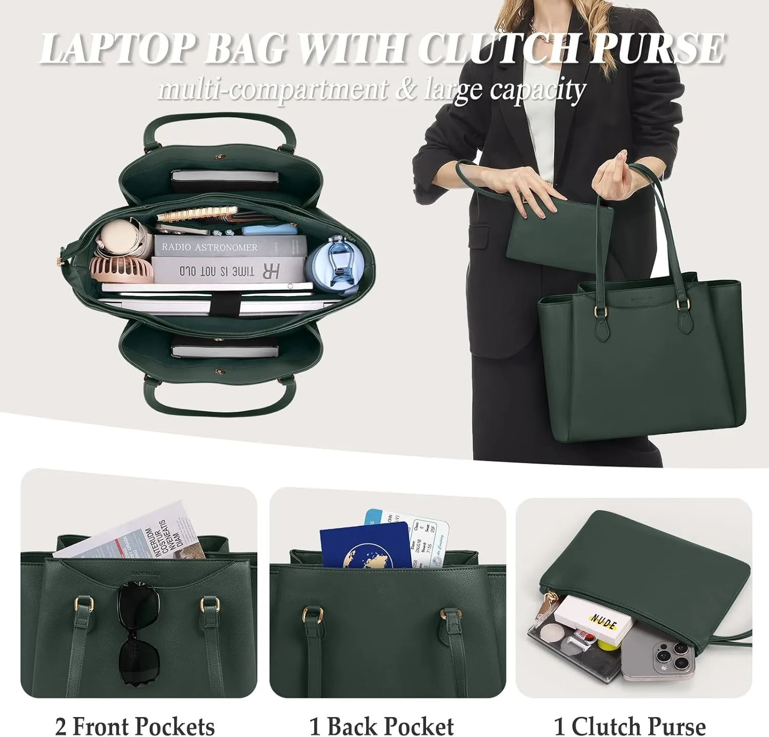 RAINSMORE Laptop Bag for Women 15.6 Inch Work Tote Waterproof Computer Bags Leather Purse Large Briefcase Handbag for Office