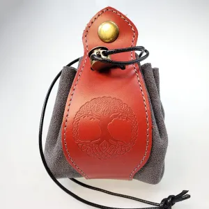 Red & Gray Celtic Tree DND Gifts Dice Bag - Tray with Drawstring & Button Genuine Leather Dice Pouch Storage Bag for d&d Dices Jewelry Coin & Small Accessories