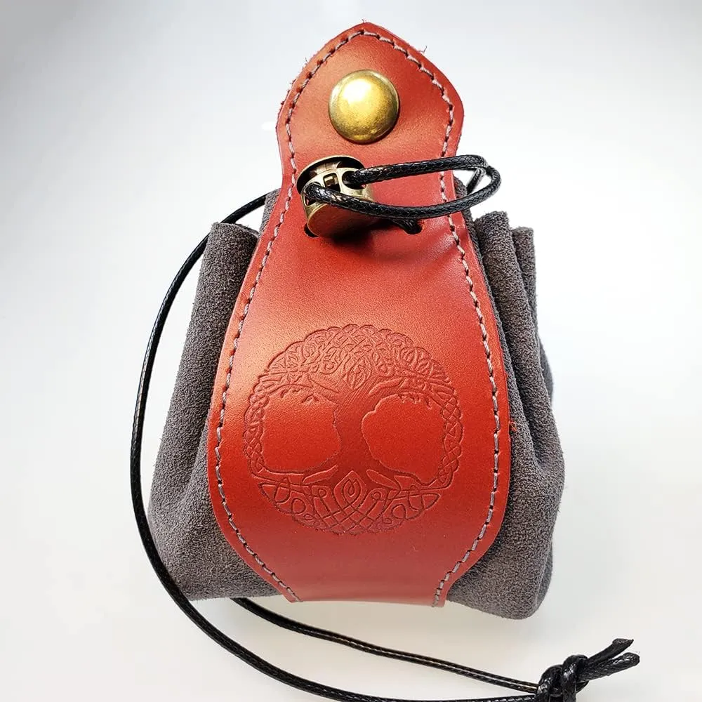 Red & Gray Celtic Tree DND Gifts Dice Bag - Tray with Drawstring & Button Genuine Leather Dice Pouch Storage Bag for d&d Dices Jewelry Coin & Small Accessories