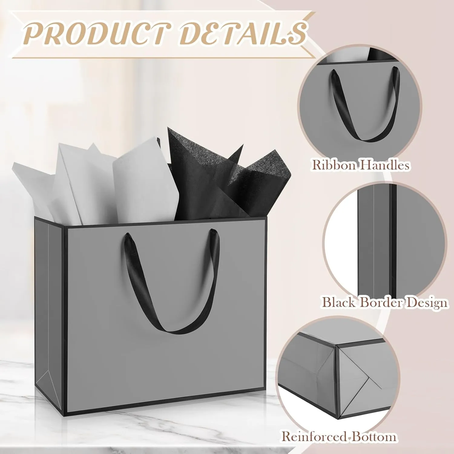 ReliThick 12 Pack Metallic Paper Gift Bag with Handles and Tissue Paper 11.8 x 10 x 4'' Thank You Favor Bag for Wedding Bridesmaid Graduation Groomsmen 5 Senses Birthday Gifts(Gray, Black)