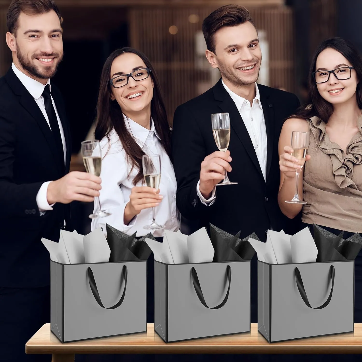 ReliThick 12 Pack Metallic Paper Gift Bag with Handles and Tissue Paper 11.8 x 10 x 4'' Thank You Favor Bag for Wedding Bridesmaid Graduation Groomsmen 5 Senses Birthday Gifts(Gray, Black)