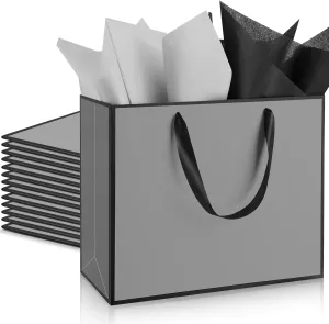 ReliThick 12 Pack Metallic Paper Gift Bag with Handles and Tissue Paper 11.8 x 10 x 4'' Thank You Favor Bag for Wedding Bridesmaid Graduation Groomsmen 5 Senses Birthday Gifts(Gray, Black)