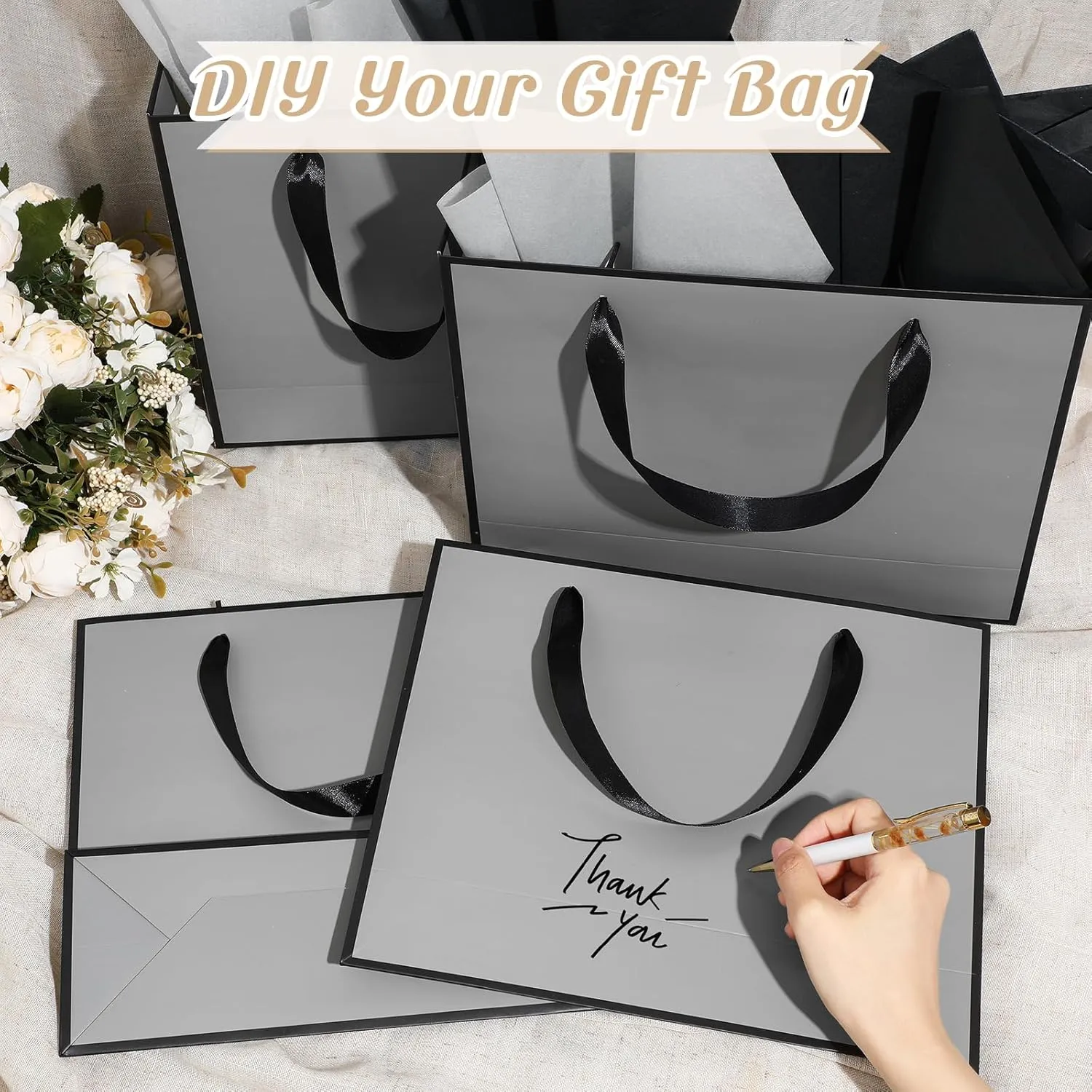 ReliThick 12 Pack Metallic Paper Gift Bag with Handles and Tissue Paper 11.8 x 10 x 4'' Thank You Favor Bag for Wedding Bridesmaid Graduation Groomsmen 5 Senses Birthday Gifts(Gray, Black)