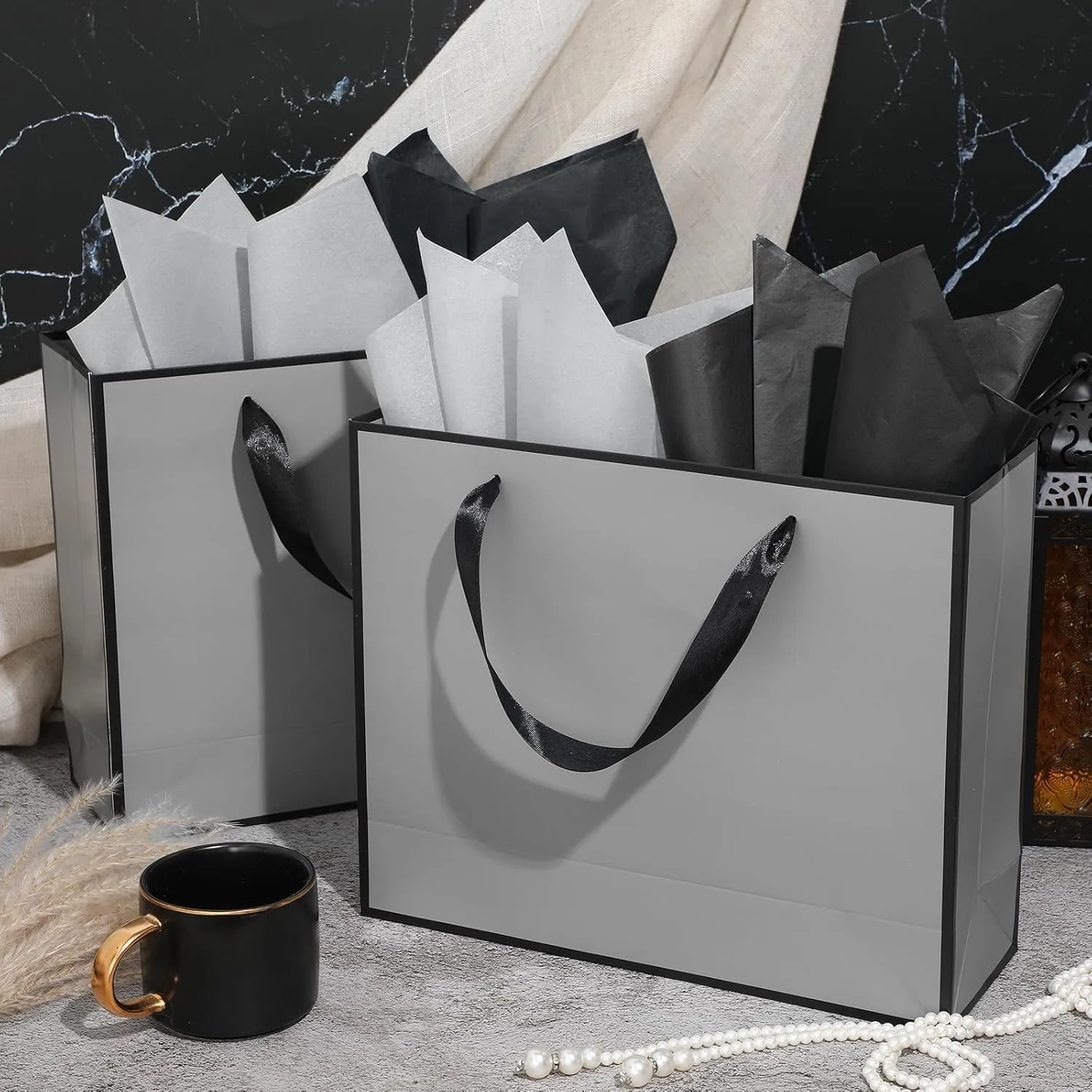ReliThick 12 Pack Metallic Paper Gift Bag with Handles and Tissue Paper 11.8 x 10 x 4'' Thank You Favor Bag for Wedding Bridesmaid Graduation Groomsmen 5 Senses Birthday Gifts(Gray, Black)