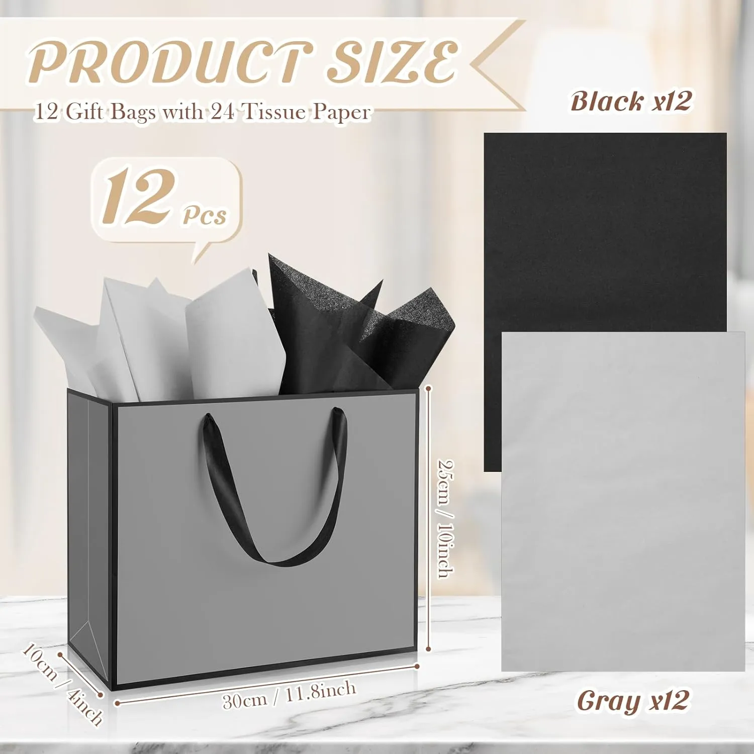 ReliThick 12 Pack Metallic Paper Gift Bag with Handles and Tissue Paper 11.8 x 10 x 4'' Thank You Favor Bag for Wedding Bridesmaid Graduation Groomsmen 5 Senses Birthday Gifts(Gray, Black)