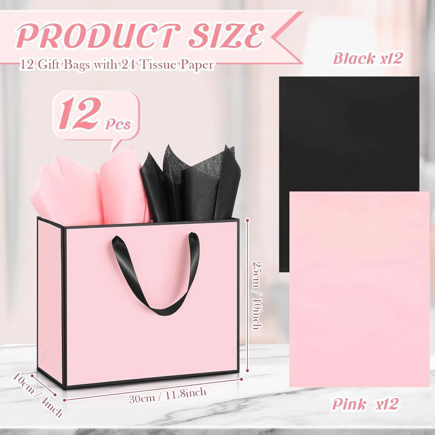 ReliThick 12 Pack Metallic Paper Gift Bag with Handles and Tissue Paper 11.8 x 10 x 4'' Thank You Favor Bag for Wedding Bridesmaid Graduation Groomsmen 5 Senses Birthday Gifts(Pink, Black)