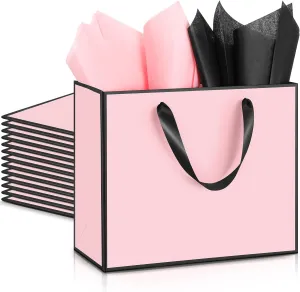 ReliThick 12 Pack Metallic Paper Gift Bag with Handles and Tissue Paper 11.8 x 10 x 4'' Thank You Favor Bag for Wedding Bridesmaid Graduation Groomsmen 5 Senses Birthday Gifts(Pink, Black)