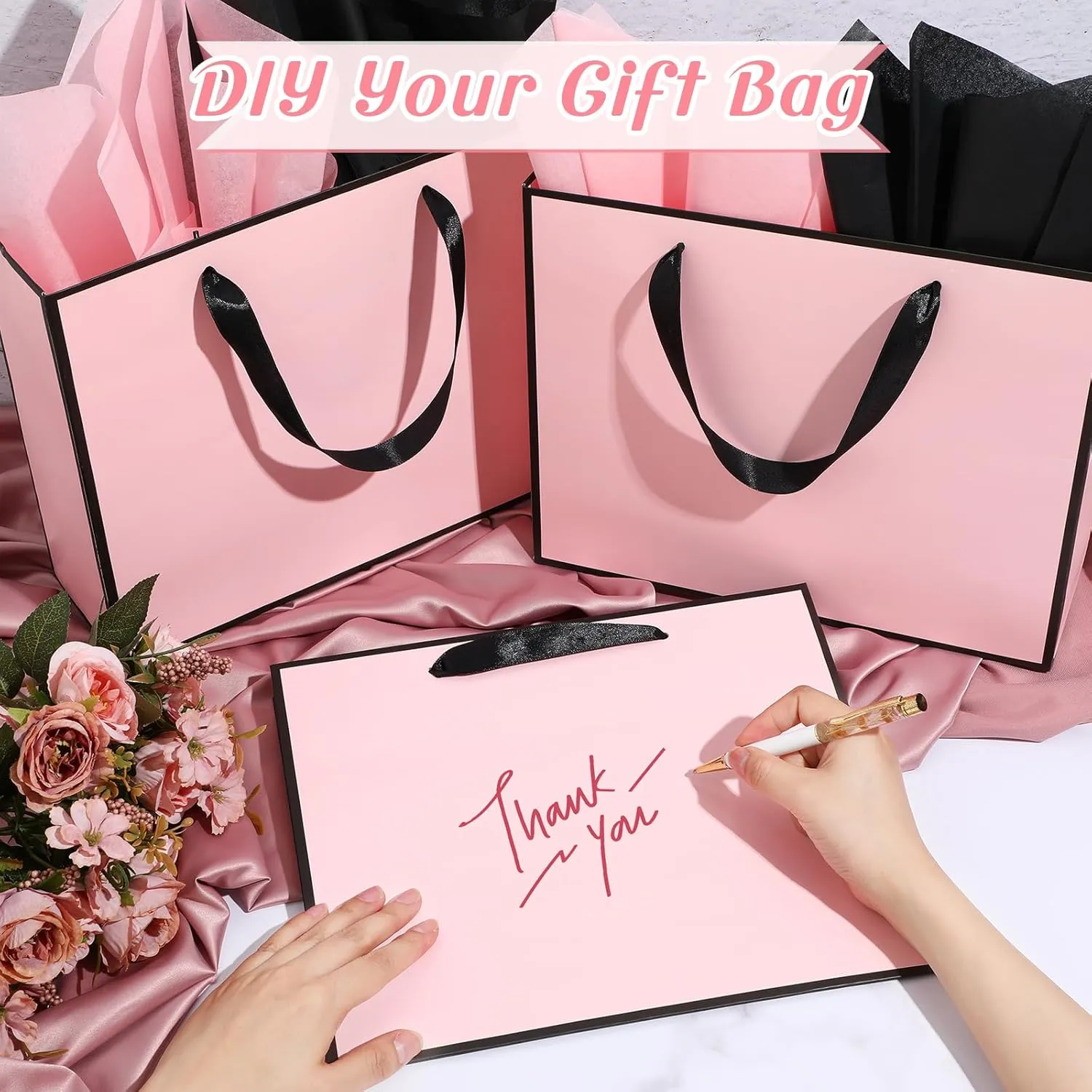 ReliThick 12 Pack Metallic Paper Gift Bag with Handles and Tissue Paper 11.8 x 10 x 4'' Thank You Favor Bag for Wedding Bridesmaid Graduation Groomsmen 5 Senses Birthday Gifts(Pink, Black)