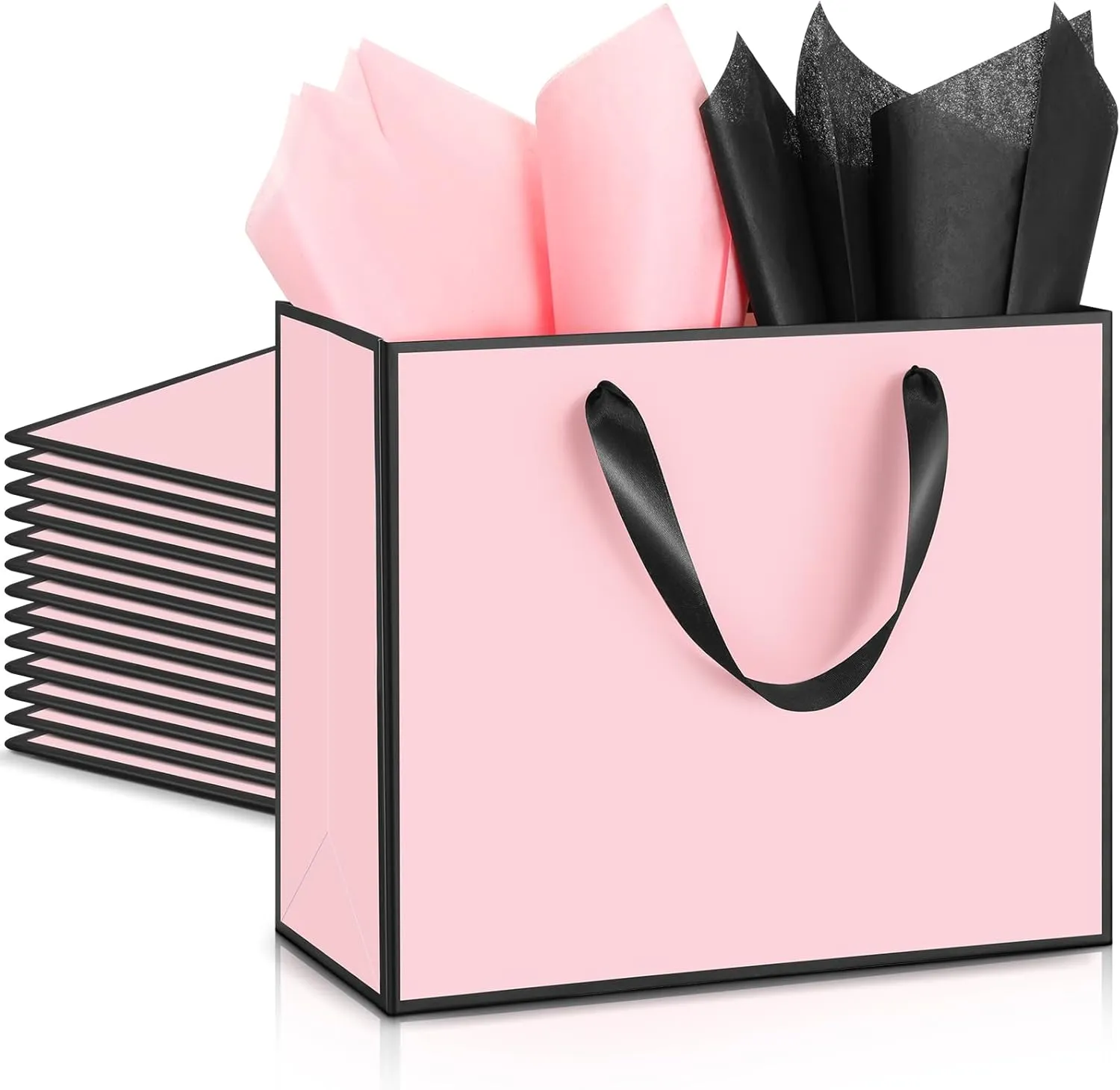 ReliThick 12 Pack Metallic Paper Gift Bag with Handles and Tissue Paper 11.8 x 10 x 4'' Thank You Favor Bag for Wedding Bridesmaid Graduation Groomsmen 5 Senses Birthday Gifts(Pink, Black)