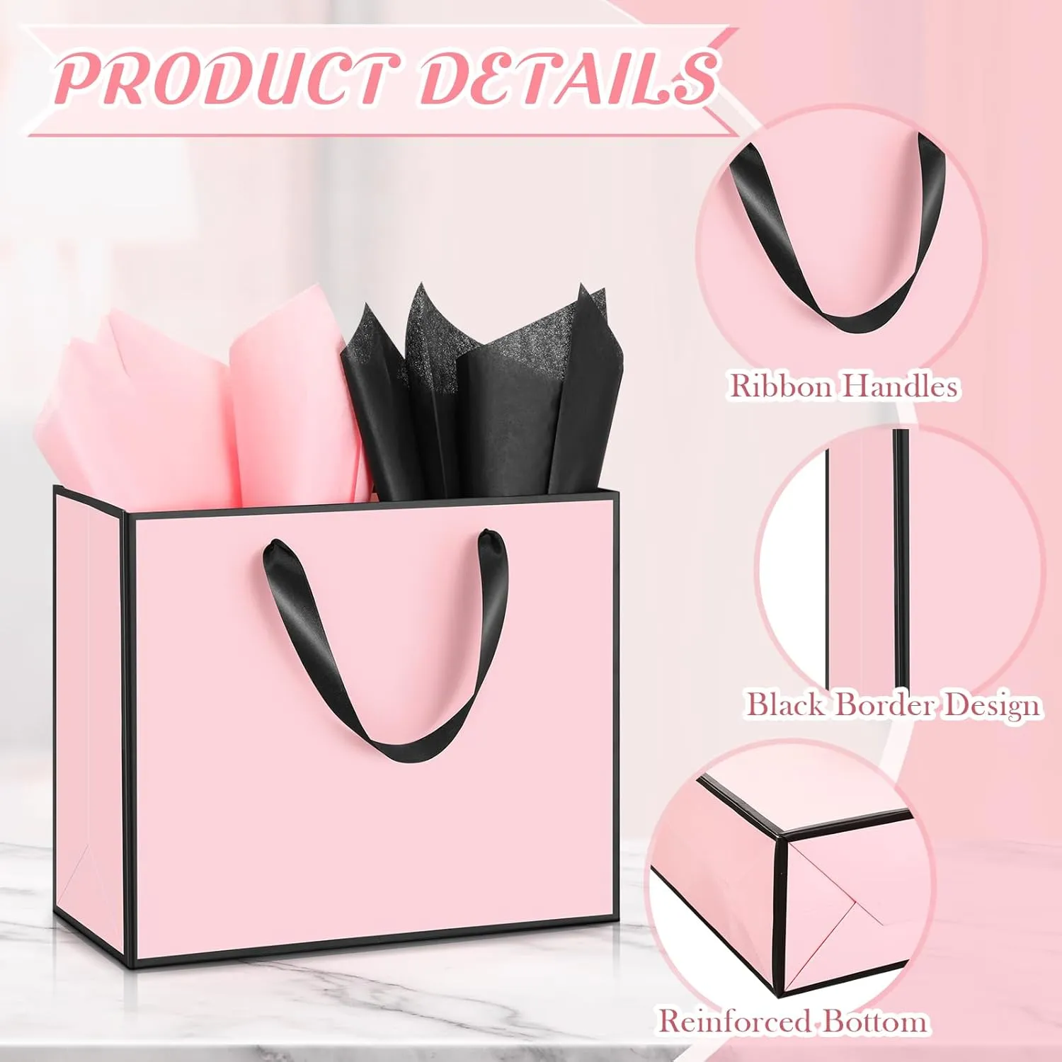 ReliThick 12 Pack Metallic Paper Gift Bag with Handles and Tissue Paper 11.8 x 10 x 4'' Thank You Favor Bag for Wedding Bridesmaid Graduation Groomsmen 5 Senses Birthday Gifts(Pink, Black)