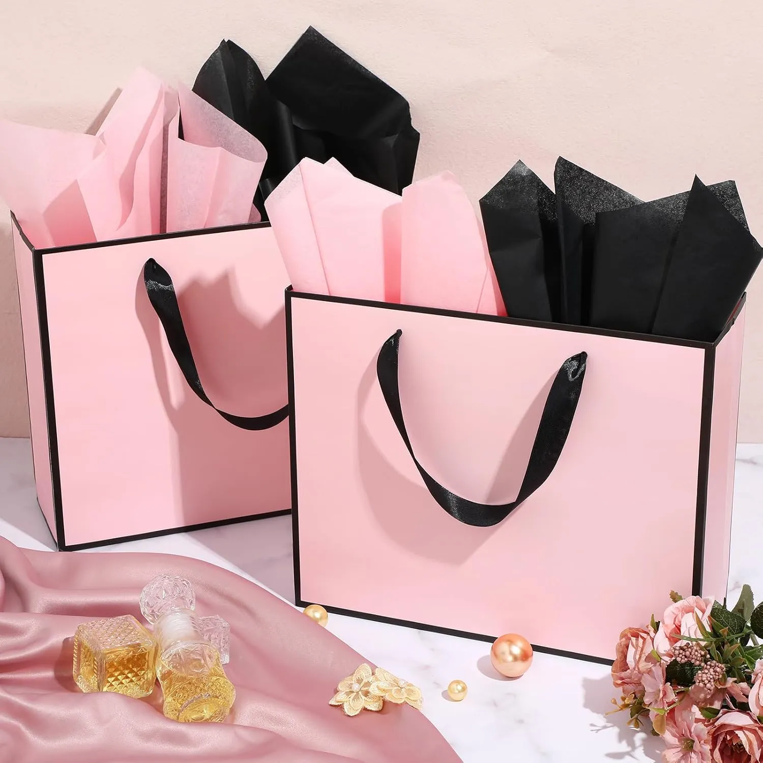 ReliThick 12 Pack Metallic Paper Gift Bag with Handles and Tissue Paper 11.8 x 10 x 4'' Thank You Favor Bag for Wedding Bridesmaid Graduation Groomsmen 5 Senses Birthday Gifts(Pink, Black)
