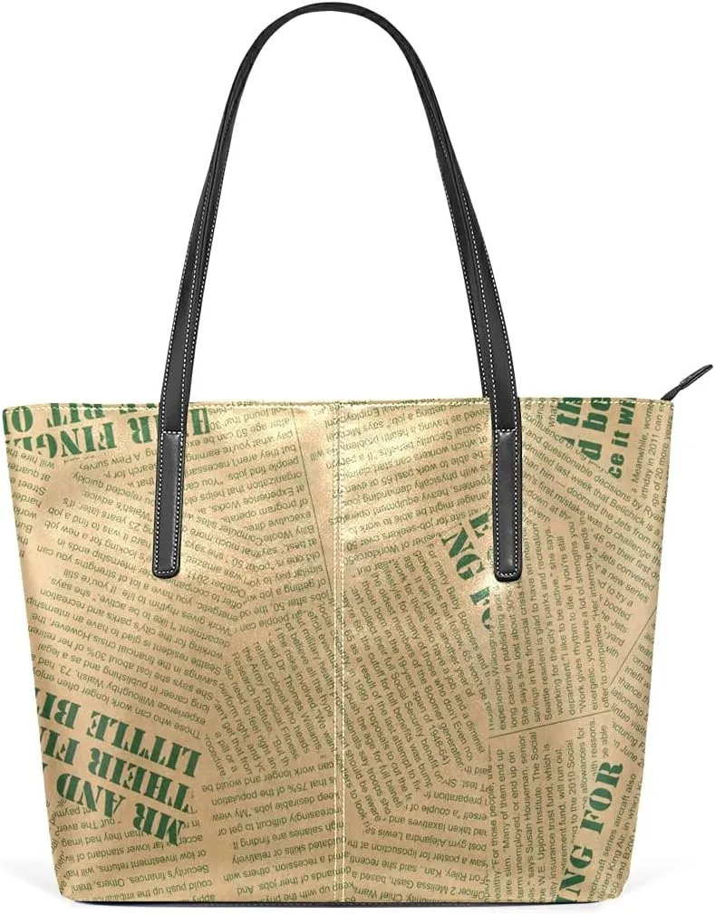 Retro Newspaper Tote Bag for Women Leather Shoulder Handbag with Zipper and Pockets Fashion Casual Handle Bag Purse for Travel Beach Working Laptop School Gym Shopping