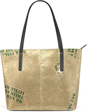 Retro Newspaper Tote Bag for Women Leather Shoulder Handbag with Zipper and Pockets Fashion Casual Handle Bag Purse for Travel Beach Working Laptop School Gym Shopping