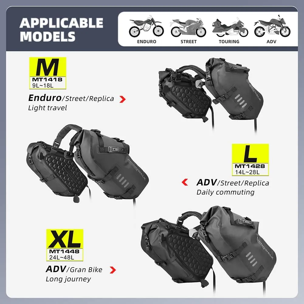 Rhinowalk Motorcycle Saddle Bags Waterproof Motorbike Panniers Motor Side Bag 18L (9L*2) Powersports Saddle Bag for Most Motorcycles Black, 1 Pair