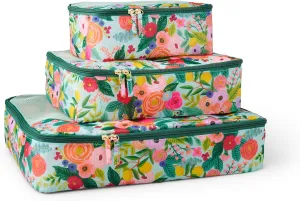 RIFLE PAPER CO. 3 Set Compression Packing Cubes with Zipper Pull & Laundry Bag | Organizer Travel Essentials for Luggage/Suitcase | Garden Party Pattern