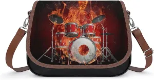 Rock Roll Drums Flame Drummer Skull Crossbody Bag Anti-Theft Side Shoulder Bags Adjustable Leather Messenger Bag Unisex
