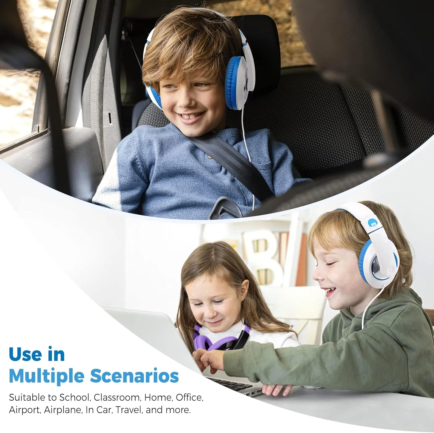 rockpapa Comfort Kids Headphones for School, Lightweight Childrens Boys Girls Teens Over-Ear Headphones Wired 3.5mm for CD DVD Player Tablet Phone Travel White/Blue