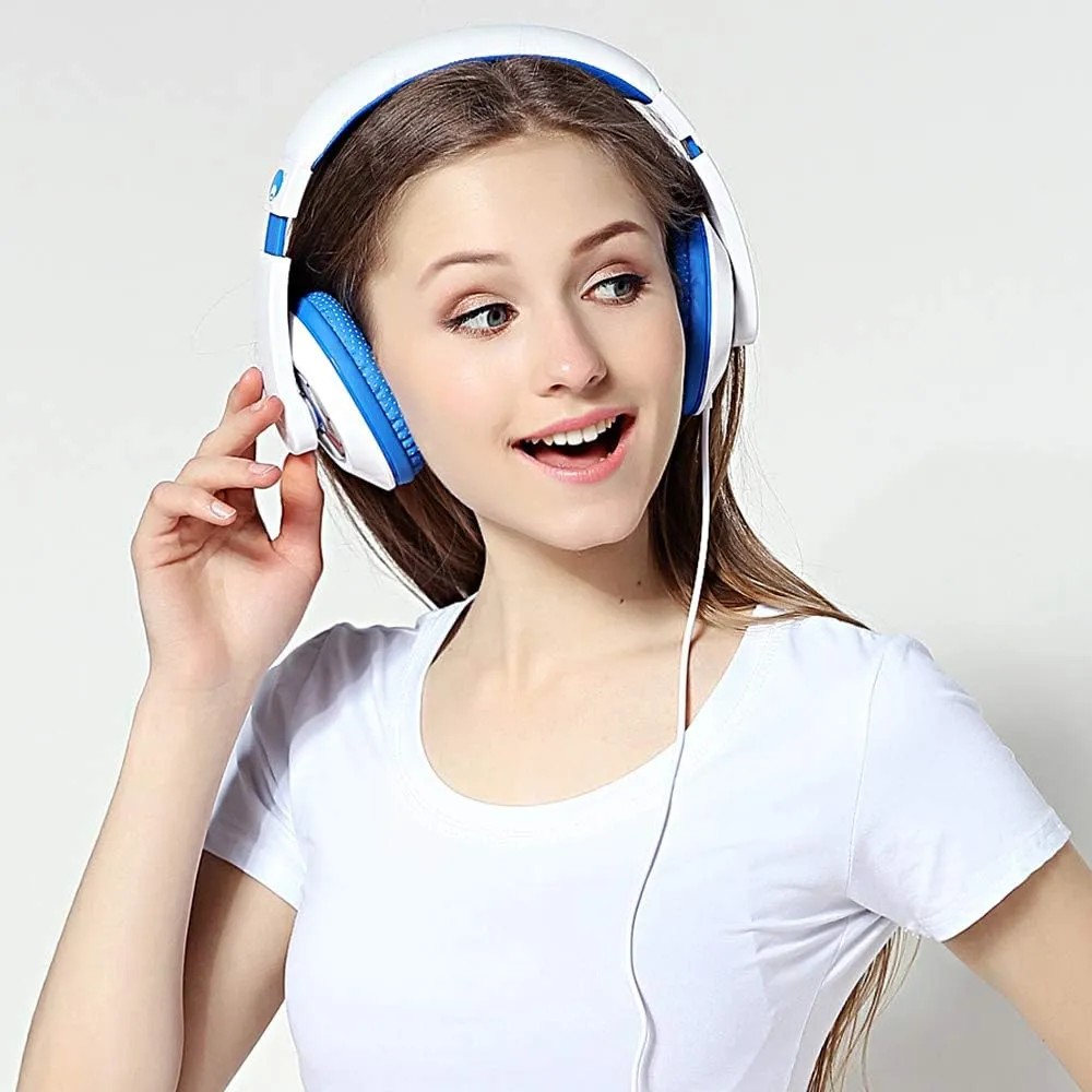 rockpapa Comfort Kids Headphones for School, Lightweight Childrens Boys Girls Teens Over-Ear Headphones Wired 3.5mm for CD DVD Player Tablet Phone Travel White/Blue