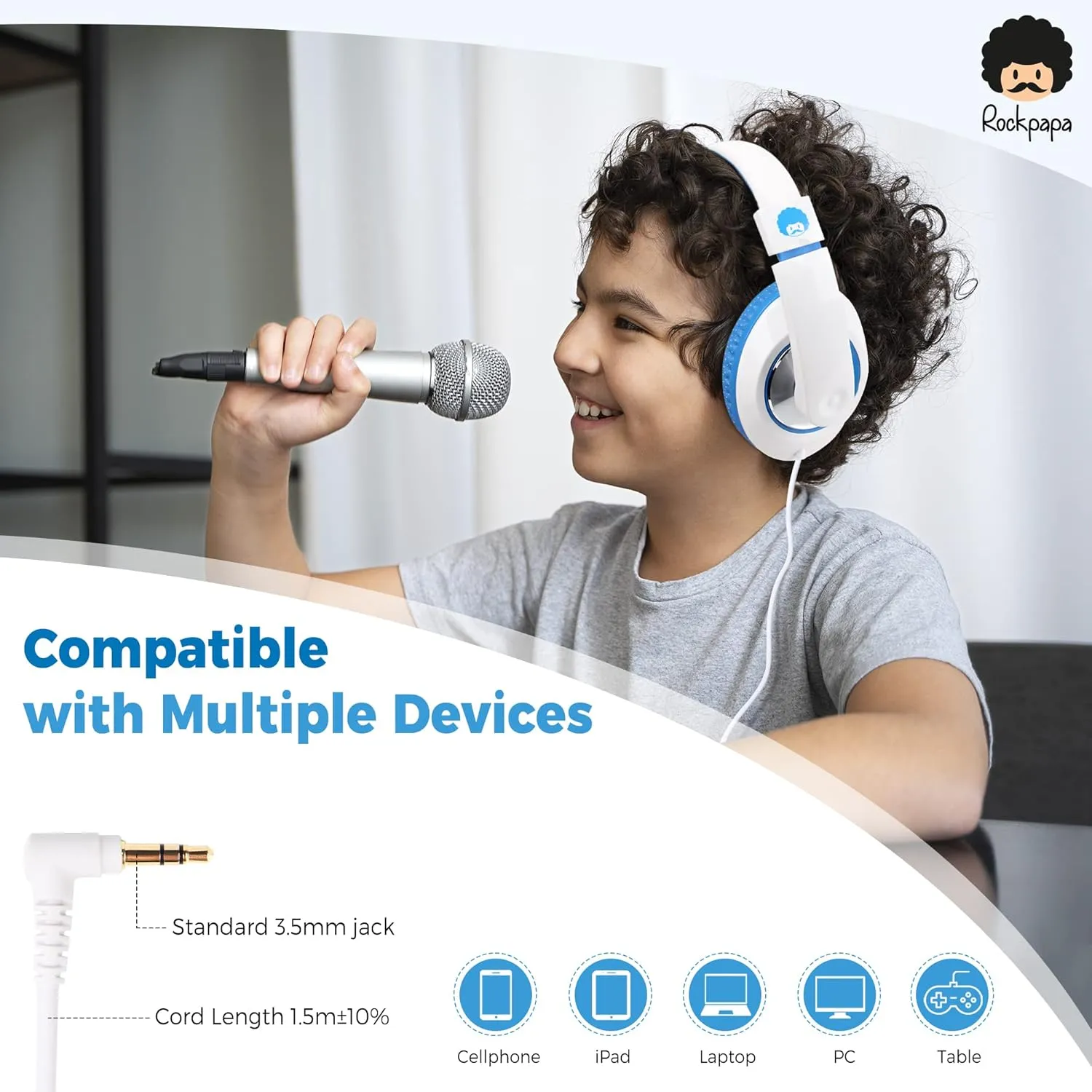 rockpapa Comfort Kids Headphones for School, Lightweight Childrens Boys Girls Teens Over-Ear Headphones Wired 3.5mm for CD DVD Player Tablet Phone Travel White/Blue