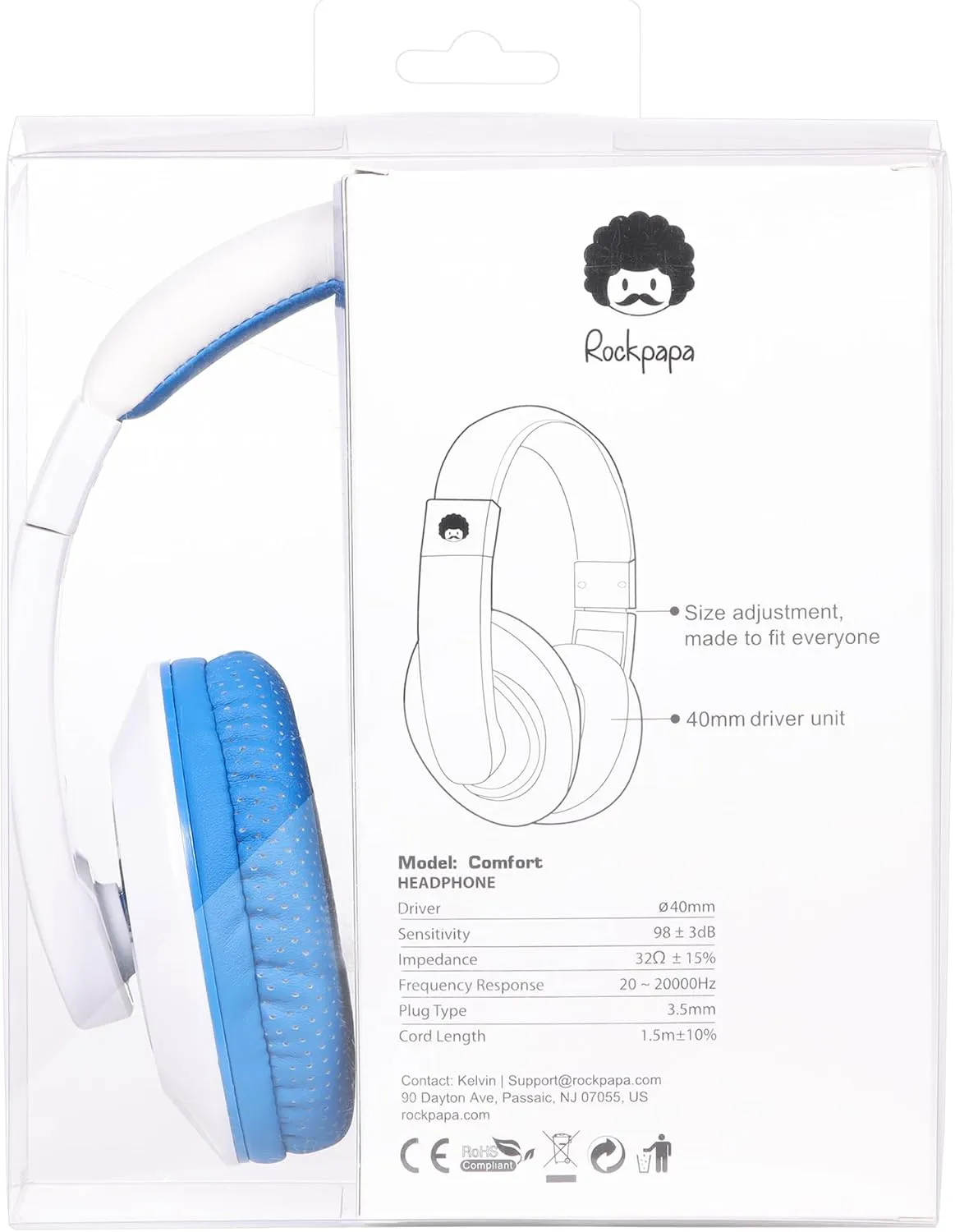 rockpapa Comfort Kids Headphones for School, Lightweight Childrens Boys Girls Teens Over-Ear Headphones Wired 3.5mm for CD DVD Player Tablet Phone Travel White/Blue