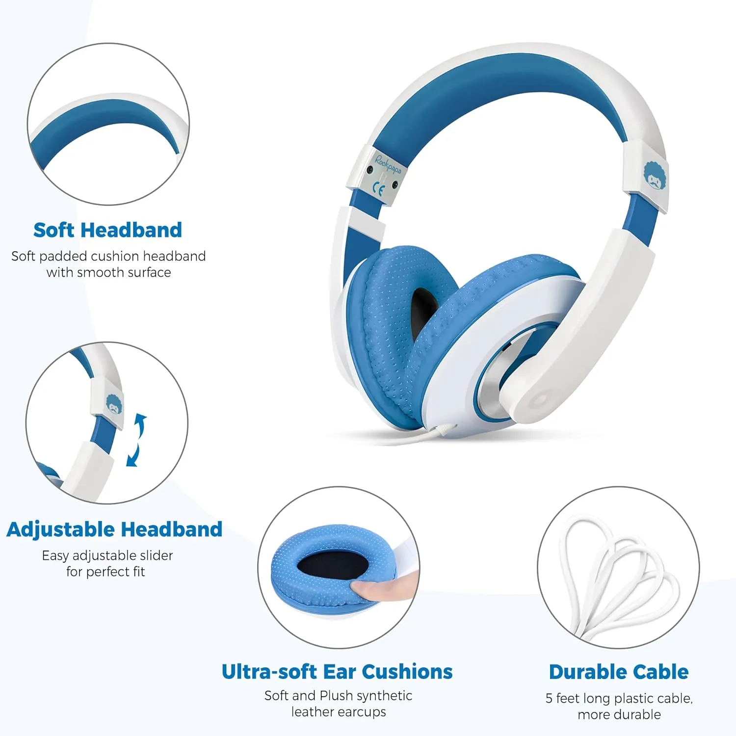 rockpapa Comfort Kids Headphones for School, Lightweight Childrens Boys Girls Teens Over-Ear Headphones Wired 3.5mm for CD DVD Player Tablet Phone Travel White/Blue