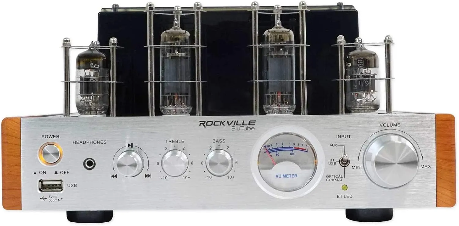 Rockville BluTube WD 70W Tube Amplifier Home Theater Stereo Receiver with Bluetooth, HDMI & Optical, Silver & Wood Finish - Perfect for Audiophile Music, Home Theater & Gaming