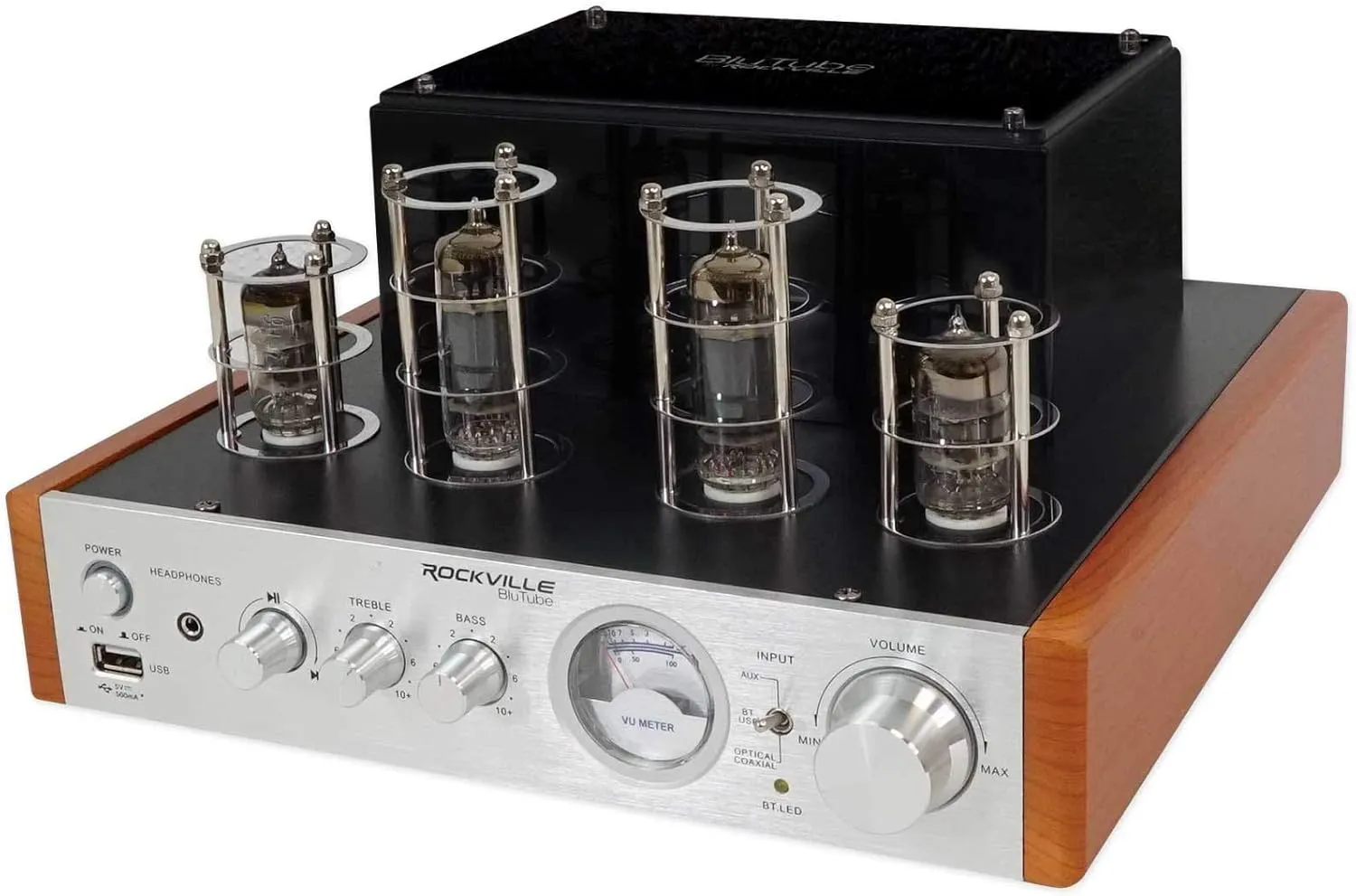 Rockville BluTube WD 70W Tube Amplifier Home Theater Stereo Receiver with Bluetooth, HDMI & Optical, Silver & Wood Finish - Perfect for Audiophile Music, Home Theater & Gaming
