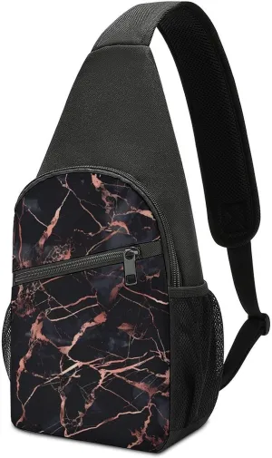 Rose Gold Foil Black Marble Crossbody Bags for Women Men Sling Bag Bakpack Shoulder Bag Travel Hiking Daypack