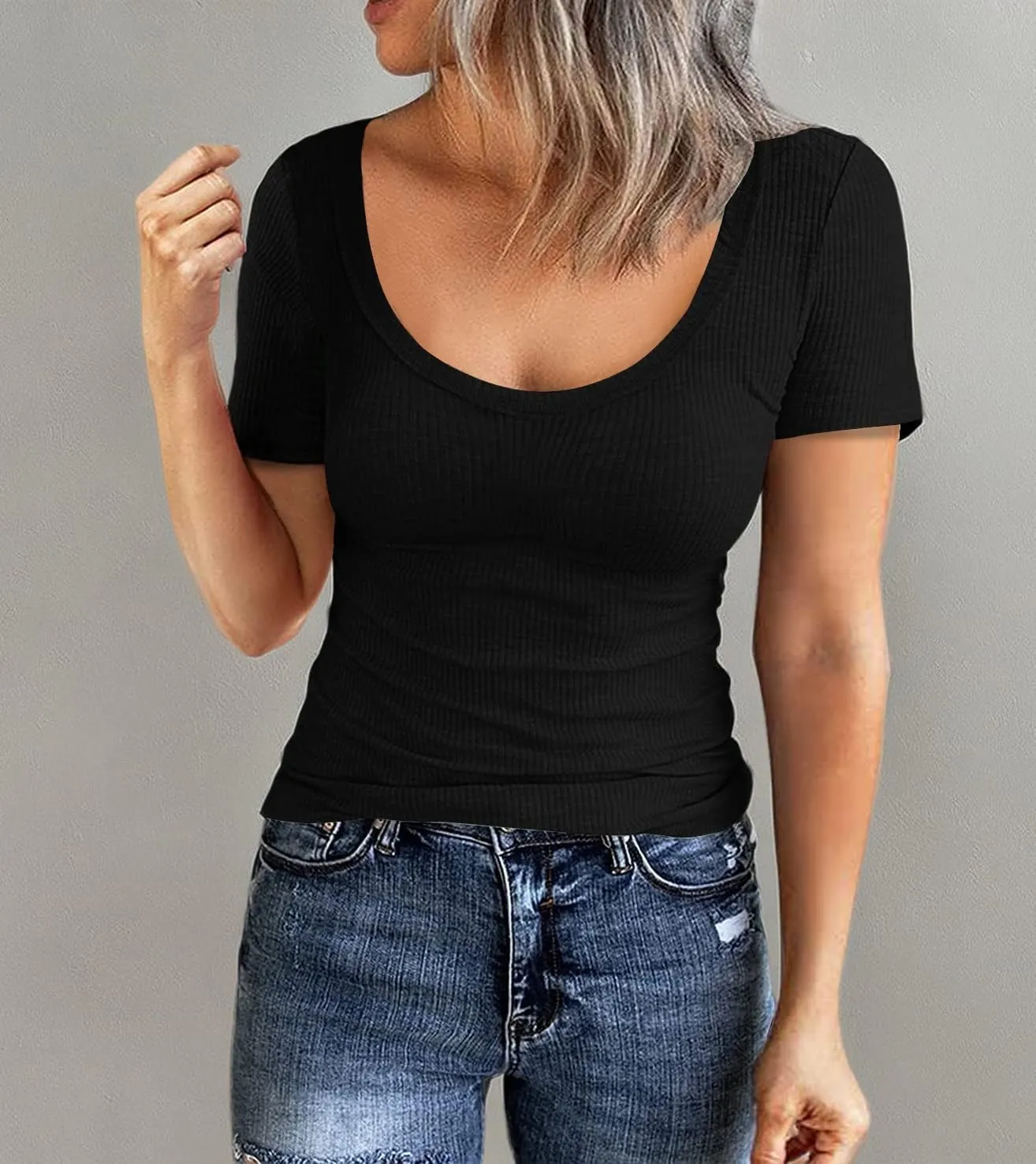 Roselux Women Short Sleeve Scoop Neck Ribbed Fitted Knit Shirt Basic Tight T-Shirts