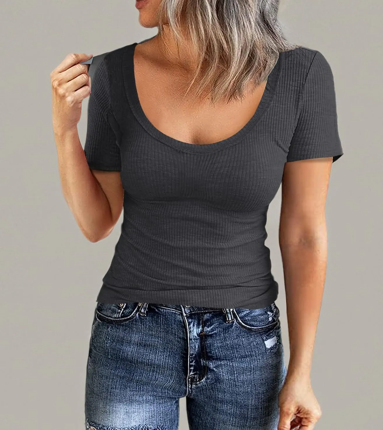 Roselux Women Short Sleeve Scoop Neck Ribbed Fitted Knit Shirt Basic Tight T-Shirts