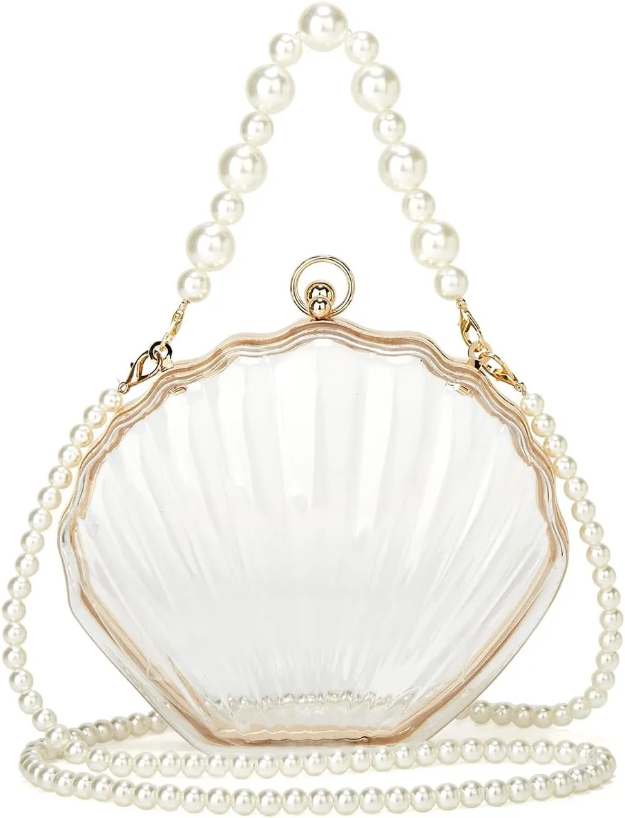 Rungion Fairy Shell Purse for Women Evening Bag Clear Handbag Chic Bright Pearl Purse Beach Clutch Shoulder Bag