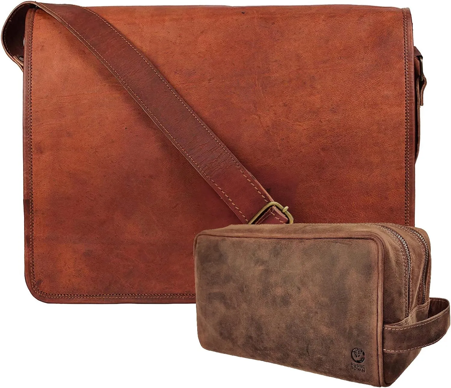 RUSTIC TOWN Handcrafted Genuine Leather Messenger and Toiletry Bag Combo - The Best Travel Gift For Men Women