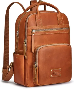 S-ZONE Vintage Genuine Leather Backpack Purse for Women Men Rucksack Travel Daypack with Luggage Sleeve