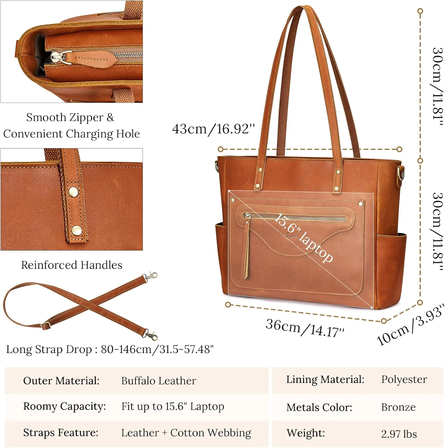 S-ZONE Women Genuine Leather Tote Bag Large Shoulder Purse Vintage Crossbody Work Handbag