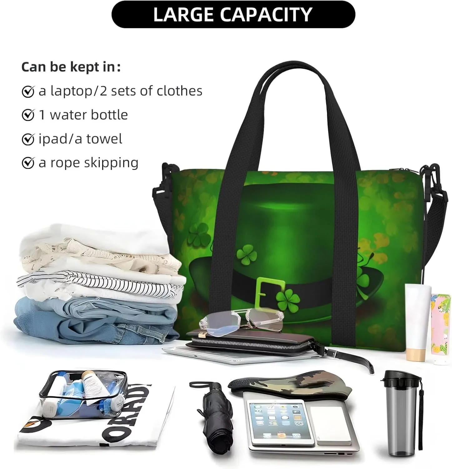 Saint Patricks Day Travel Duffel Bags for Women Men, Sports Training Gym Bag Dance Bag with Adjustable Shoulder Strap Shamrock Clovers Hat Weekender Overnight Bag