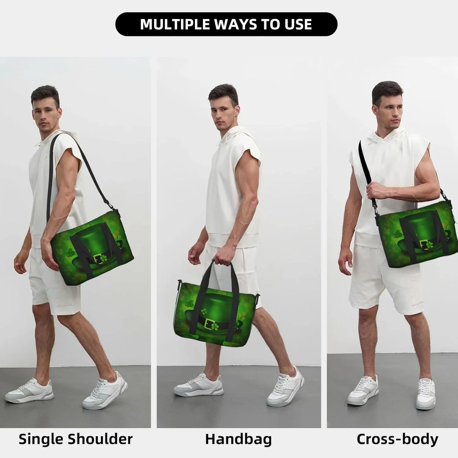Saint Patricks Day Travel Duffel Bags for Women Men, Sports Training Gym Bag Dance Bag with Adjustable Shoulder Strap Shamrock Clovers Hat Weekender Overnight Bag