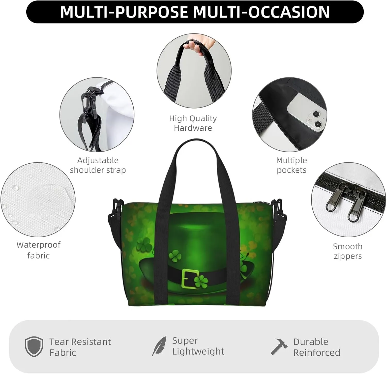 Saint Patricks Day Travel Duffel Bags for Women Men, Sports Training Gym Bag Dance Bag with Adjustable Shoulder Strap Shamrock Clovers Hat Weekender Overnight Bag